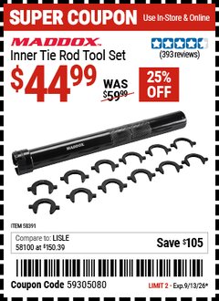 Harbor Freight Coupon MADDOX INNER TIE ROD TOOL SET Lot No. 58391 Valid Thru: 9/13/26 - $44.99