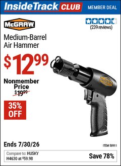 Harbor Freight ITC Coupon MCGRAW MEDIUM BARREL AIR HAMMER Lot No. 58911 Dates Valid: 12/31/69 - 7/30/26 - $12.99