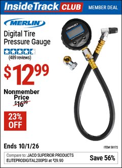 Harbor Freight Coupon MERLIN DIGITAL TIRE PRESSURE GAUGE Lot No. 58172 Valid: 12/31/69 - 10/1/26 - $12.99