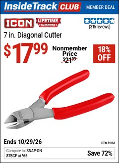 Harbor Freight ITC Coupon ICON 7 IN. DIAGONAL CUTTER Lot No. 59168 Dates Valid: 12/31/69 - 10/29/26 - $17.99