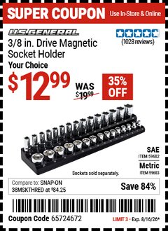 Harbor Freight Coupon U.S. GENERAL 3/8 IN. DRIVE MAGNETIC SOCKET HOLDER Lot No. 59682/59683 Expired: 8/16/26 - $12.99
