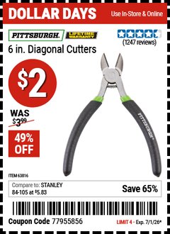 Harbor Freight Coupon PITTSBURGH 6 IN. DIAGONAL CUTTERS Lot No. 63816 Valid Thru: 7/1/26 - $2