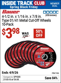 Harbor Freight ITC Coupon BAUER 4-1/2 IN. X 1/16 IN. X 7/8 IN., TYPE 01/41 METAL CUT-OFF WHEELS, 10-PACK Lot No. 71066 Expired: 4/9/26 - $3.98