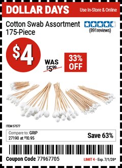 Harbor Freight Coupon COTTON SWAB ASSORTMENT, 175-PIECE Lot No. 57577 Expired: 7/1/26 - $4