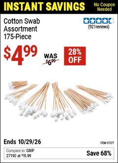 Harbor Freight Coupon COTTON SWAB ASSORTMENT, 175-PIECE Lot No. 57577 EXPIRES: 10/29/26 - $4.99
