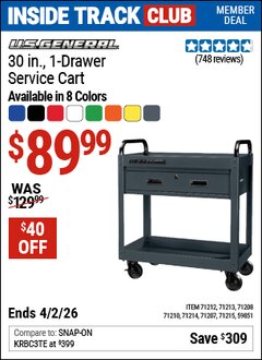 Harbor Freight Coupon U.S. GENERAL 30 IN., 1-DRAWER SERVICE CART Lot No. 59851/71212/71213/71214/71207/71215/71210/71208 Valid: 12/31/69 - 4/2/26 - $89.99