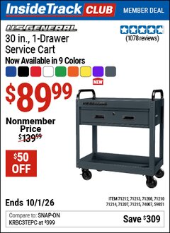 Harbor Freight Coupon U.S. GENERAL 30 IN., 1-DRAWER SERVICE CART Lot No. 59851/71212/71213/71214/71207/71215/71210/71208/74007 Valid: 12/31/69 - 10/1/26 - $89.99