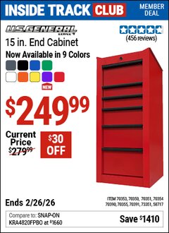 Harbor Freight ITC Coupon U.S. GENERAL 15 IN. END CABINET, SERIES 3 Lot No. 70353/58717/70350/70351/70354/70355/70391/70390 Dates Valid: 12/31/69 - 2/26/26 - $249.99
