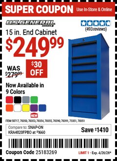 Harbor Freight Coupon U.S. GENERAL 15 IN. END CABINET, SERIES 3 Lot No. 70353/58717/70350/70351/70354/70355/70391/70390 Valid Thru: 4/26/26 - $249.99