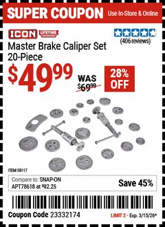 Harbor Freight Coupon ICON MASTER BRAKE CALIPER SET, 20-PIECE Lot No. 58117 Expired: 3/15/26 - $49.99