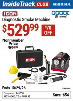 Harbor Freight ITC Coupon ICON DIAGNOSTIC SMOKE MACHINE Lot No. 59431 Dates Valid: 12/31/69 - 10/29/26 - $529.99