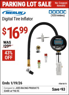 Harbor Freight Coupon MERLIN DIGITAL TIRE INFLATOR Lot No. 58173 Expired: 12/31/69 - $16.99