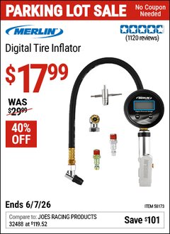 Harbor Freight Coupon MERLIN DIGITAL TIRE INFLATOR Lot No. 58173 Valid Thru: 6/7/26 - $17.99