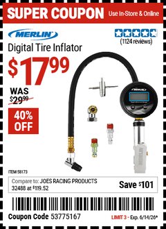Harbor Freight Coupon MERLIN DIGITAL TIRE INFLATOR Lot No. 58173 Expired: 6/14/26 - $17.99