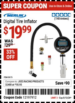 Harbor Freight Coupon MERLIN DIGITAL TIRE INFLATOR Lot No. 58173 Valid Thru: 9/13/26 - $19.99