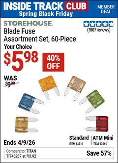 Harbor Freight ITC Coupon STOREHOUSE BLADE FUSE SET, 60-PIECE Lot No. 63310/67664 Expired: 4/9/26 - $5.98