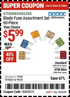 Harbor Freight Coupon STOREHOUSE BLADE FUSE ASSORTMENT, 60-PIECE Lot No. 63310/67664 EXPIRES: 10/25/26 - $5.99