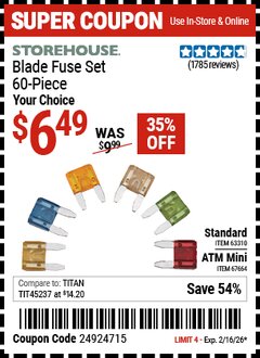 Harbor Freight Coupon STOREHOUSE BLADE FUSE SET, 60-PIECE Lot No. 63310/67664 Expired: 2/16/26 - $6.49
