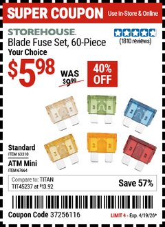 Harbor Freight Coupon STOREHOUSE BLADE FUSE SET, 60-PIECE Lot No. 63310/67664 Expired: 4/19/26 - $5.98