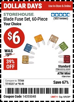 Harbor Freight Coupon STOREHOUSE BLADE FUSE SET, 60-PIECE Lot No. 63310/67664 EXPIRES: 9/9/26 - $6