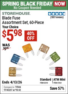 Harbor Freight Coupon STOREHOUSE BLADE FUSE SET, 60-PIECE Lot No. 63310/67664 Expired: 4/12/26 - $5.98