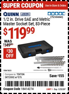 Harbor Freight Coupon QUINN 1/2 IN. DRIVE SAE AND METRIC MASTER SOCKET SET, 83-PIECE Lot No. 70253 Expired: 1/25/26 - $119.99