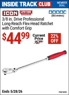 Harbor Freight ITC Coupon ICON 3/8 IN. DRIVE PROFESSIONAL LONG-REACH FLEX-HEAD RATCHET WITH COMFORT GRIP Lot No. 58590 Expired: 5/28/26 - $44.99