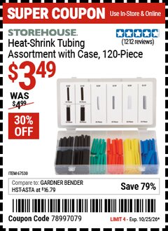 Harbor Freight Coupon STOREHOUSE HEAT-SHRINK TUBING ASSORTMENT WITH CASE, 120-PIECE Lot No. 67530 EXPIRES: 10/25/26 - $3.49
