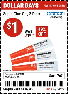 Harbor Freight Coupon SUPER GLUE GEL, 3-PACK Lot No. 67190 Valid Thru: 1/28/26 - $1