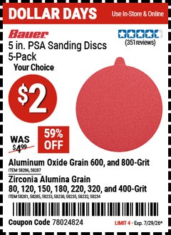 Harbor Freight Coupon BAUER 5 IN. PSA SANDING DISCS, 5-PACK Lot No. 58230/58232/58233/58234/58235/58281/58285/58286/58287 Valid Thru: 7/29/26 - $2