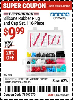 Harbor Freight Coupon PITTSBURGH SILICONE RUBBER PLUG AND CAP SET, 116-PIECE Lot No. 70792 EXPIRES: 10/25/26 - $9.99
