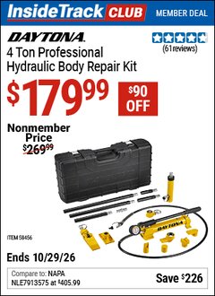 Harbor Freight ITC Coupon DAYTONA 4 TON PROFESSIONAL HYDRAULIC BODY REPAIR KIT Lot No. 58456 Dates Valid: 12/31/69 - 10/29/26 - $179.99