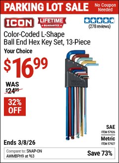 Harbor Freight Coupon ICON COLOR-CODED L-SHAPE BALL END HEX KEY SET, 13-PIECE Lot No. 57926/57927 Expired: 3/8/26 - $16.99