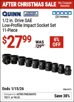 Harbor Freight Coupon QUINN 1/2 IN. DRIVE SAE LOW-PROFILE IMPACT SOCKET SET, 11-PIECE Lot No. 59771 EXPIRES: 1/15/26 - $27.99