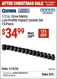 Harbor Freight Coupon QUINN 1/2 IN. DRIVE METRIC LOW-PROFILE IMPACT SOCKET SET, 15-PIECE Lot No. 59770 EXPIRES: 1/15/26 - $34.99