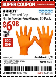 Harbor Freight Coupon HARDY 7 MIL TEXTURED GRIP NITRILE POWDER-FREE GLOVES, 50-PACK Lot No. 70711/70712 Expired: 6/14/26 - $6.98