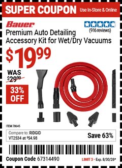 Harbor Freight Coupon BAUER PREMIUM AUTO DETAILING ACCESSORY KIT FOR WET/DRY VACUUMS Lot No. 70645 EXPIRES: 8/30/26 - $19.99