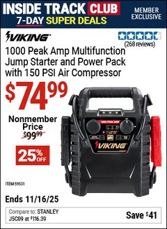 Harbor Freight ITC Coupon VIKING 1000 PEAK AMP MULTIFUNCTION JUMP STARTER AND POWER PACK WITH 150 PSI AIR COMPRESSOR Lot No. 59531 Expired: 11/16/25 - $74.99