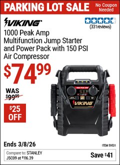 Harbor Freight Coupon VIKING 1000 PEAK AMP MULTIFUNCTION JUMP STARTER AND POWER PACK WITH 150 PSI AIR COMPRESSOR Lot No. 59531 Expired: 3/8/26 - $74.99