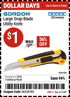 Harbor Freight Coupon GORDON LARGE SNAP BLADE UTILITY KNIFE Lot No. 97068 Valid Thru: 2/11/26 - $1