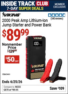 Harbor Freight ITC Coupon VIKING 2000 PEAK AMP LITHIUM-ION JUMP STARTER AND POWER BANK Lot No. 59491 Expired: 6/25/26 - $89.99