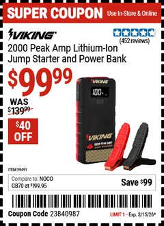 Harbor Freight Coupon VIKING 2000 PEAK AMP LITHIUM-ION JUMP STARTER AND POWER BANK Lot No. 59491 Expired: 3/15/26 - $99.99
