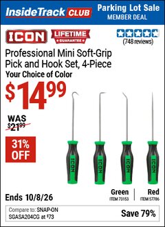 Harbor Freight ITC Coupon ICON PROFESSIONAL MINI SOFT-GRIP PICK AND HOOK SET, 4-PIECE Lot No. 57786 Expired: 10/8/26 - $14.99