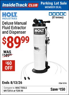 Harbor Freight ITC Coupon HOLT INDUSTRIES DELUXE MANUAL FLUID EXTRACTOR AND DISPENSER Lot No. 70795 Expired: 8/13/26 - $89.99