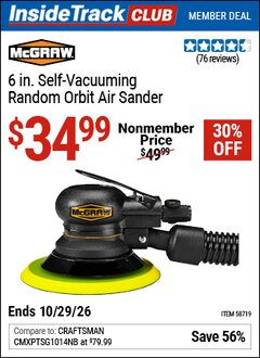 Harbor Freight ITC Coupon MCGRAW 6 IN. SELF-VACUUMING RANDOM ORBIT AIR SANDER Lot No. 58719 Dates Valid: 12/31/69 - 10/29/26 - $34.99