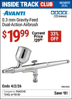 Harbor Freight Coupon AVANTI 0.3 MM GRAVITY-FEED DUAL-ACTION AIRBRUSH Lot No. 59292 Valid: 12/31/69 - 4/2/26 - $19.99