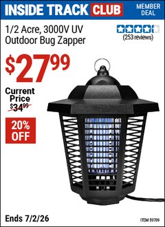 Harbor Freight Coupon 1/2 ACRE, 3000V UV OUTDOOR BUG ZAPPER Lot No. 59709 Valid: 12/31/69 - 7/2/26 - $27.99