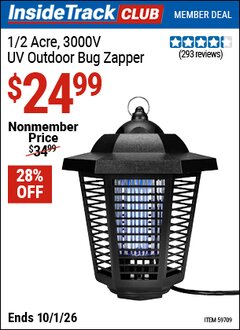 Harbor Freight Coupon 1/2 ACRE, 3000V UV OUTDOOR BUG ZAPPER Lot No. 59709 Valid: 12/31/69 - 10/1/26 - $24.99