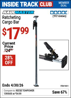 Harbor Freight ITC Coupon HAUL-MASTER RATCHETING CARGO BAR Lot No. 96811 Dates Valid: 12/31/69 - 4/30/26 - $17.99