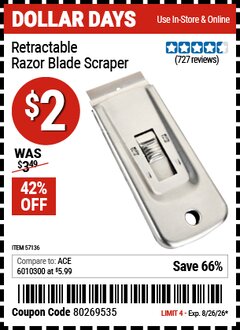 Harbor Freight Coupon RETRACTABLE RAZOR BLADE SCRAPER Lot No. 57136 Expired: 8/26/26 - $2